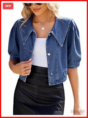 Women's Cropped Denim Jacket Short Puff Sleeve Button Down Jean Jacket